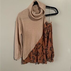 BKE Cowl Neck Sweater in Tan and Brown Leopard Print